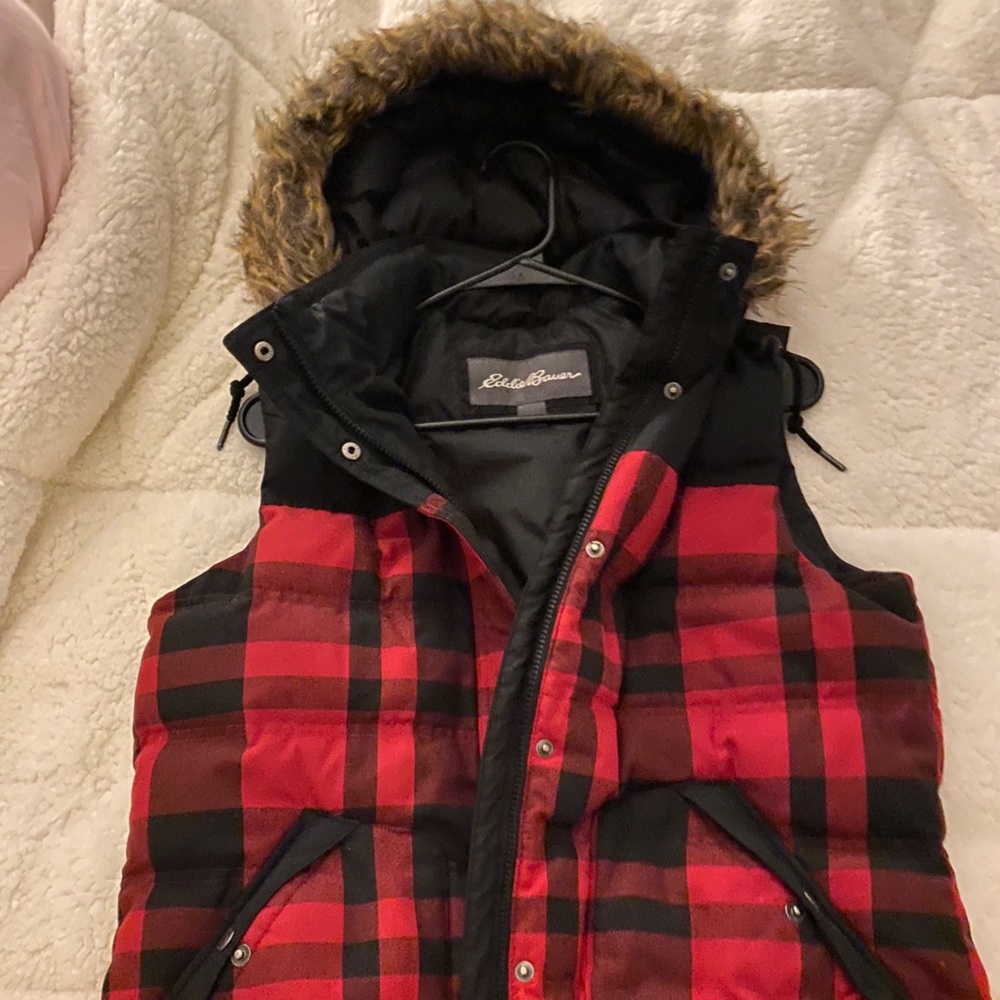 Red plaid puffer vest with fur hood